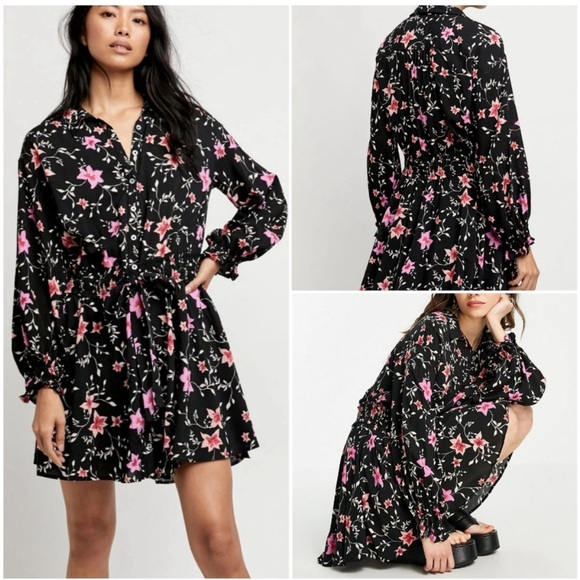 Free People Dresses & Skirts - Free People | Black & Pink Floral Flowy Long Sleeve Dress